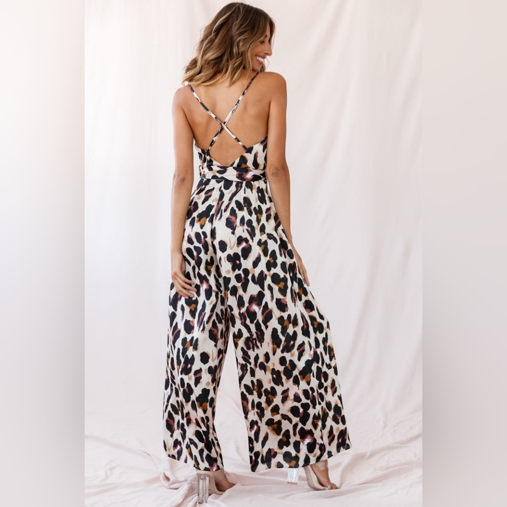 SELFIE LESLIE Wideleg Cowl Jumpsuit Strappy Satin Flowy Leopard Night Ou… - Picture 10 of 12